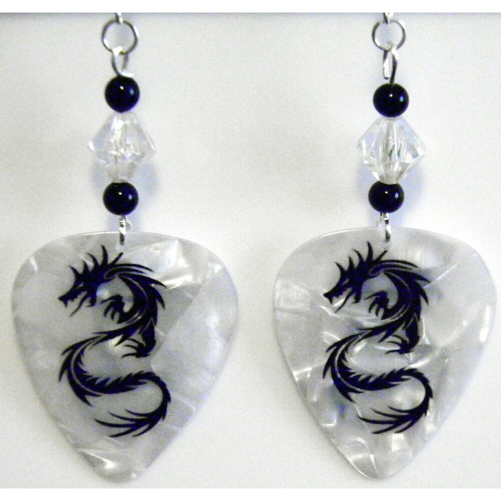 Dragon Tattoo Guitar Pick Beaded Earrings - Handmade in USA New
